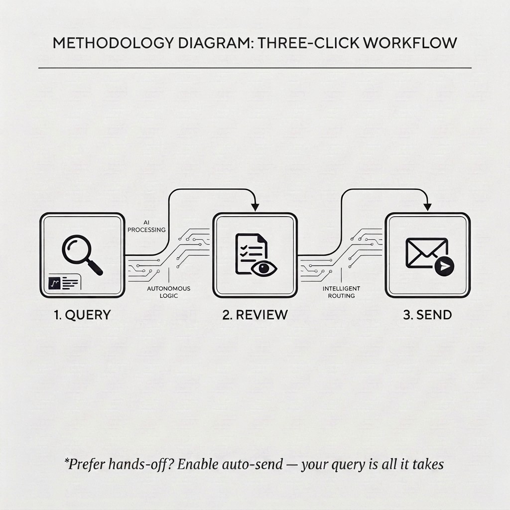 Methodology diagram: three-click workflow — Query, Review, Send